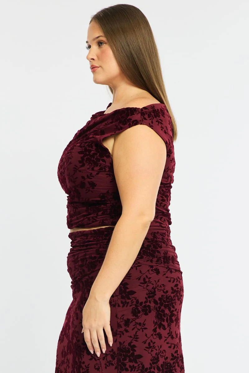Red Floral Off Shoulder Top Sleeveless Mesh - Image 5