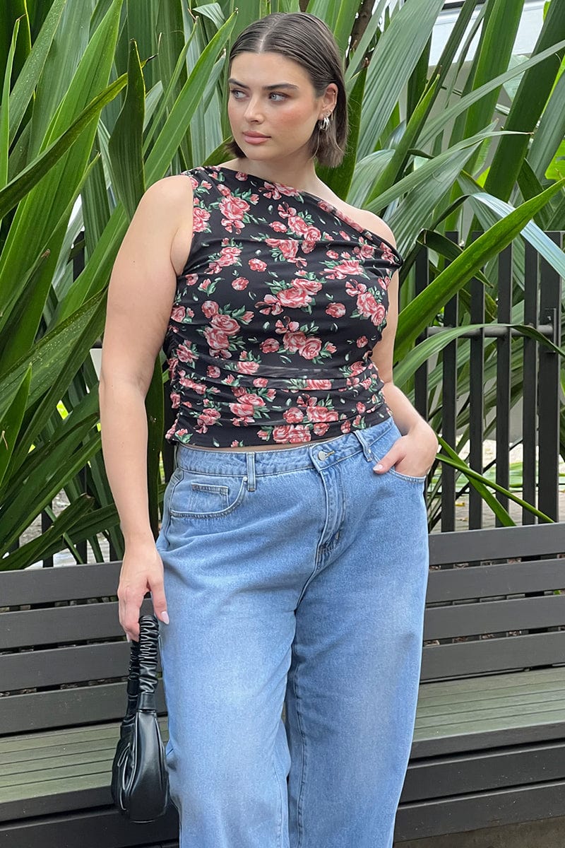 Red Floral One Shoulder Top Twisted Shoulder