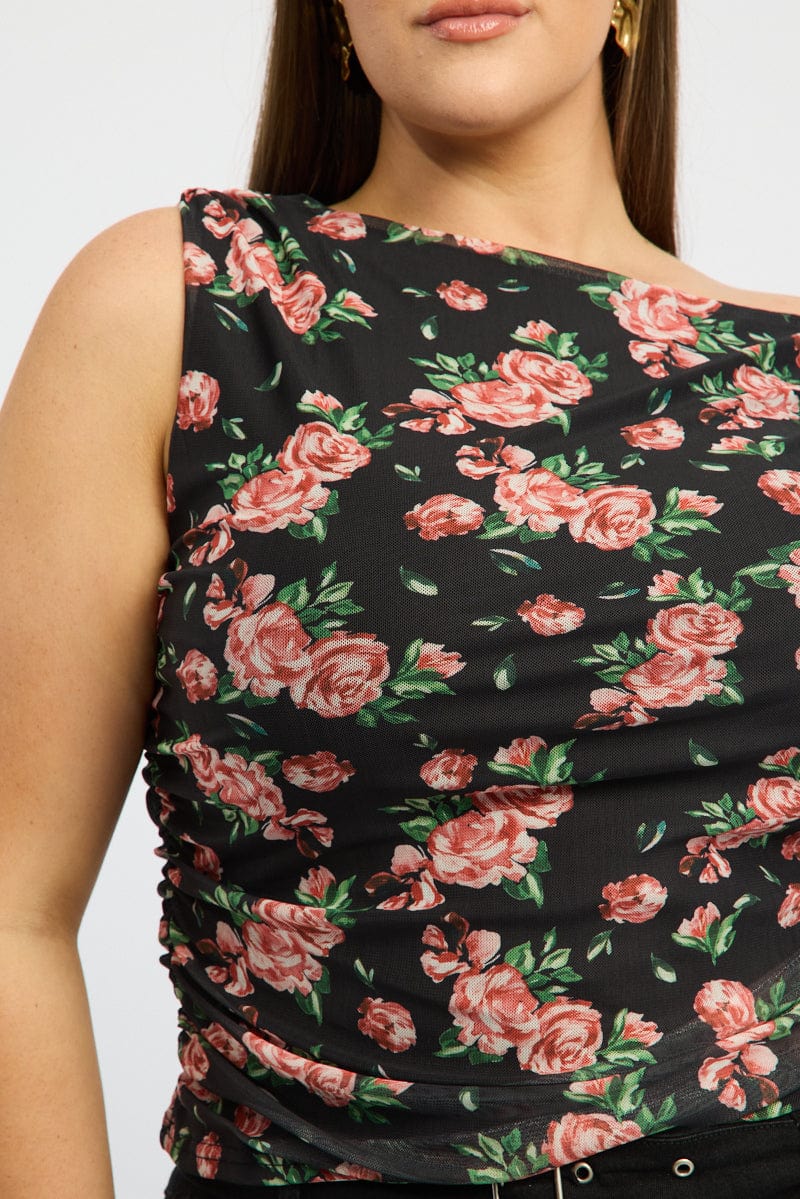 Red Floral One Shoulder Top Twisted Shoulder - Image 6