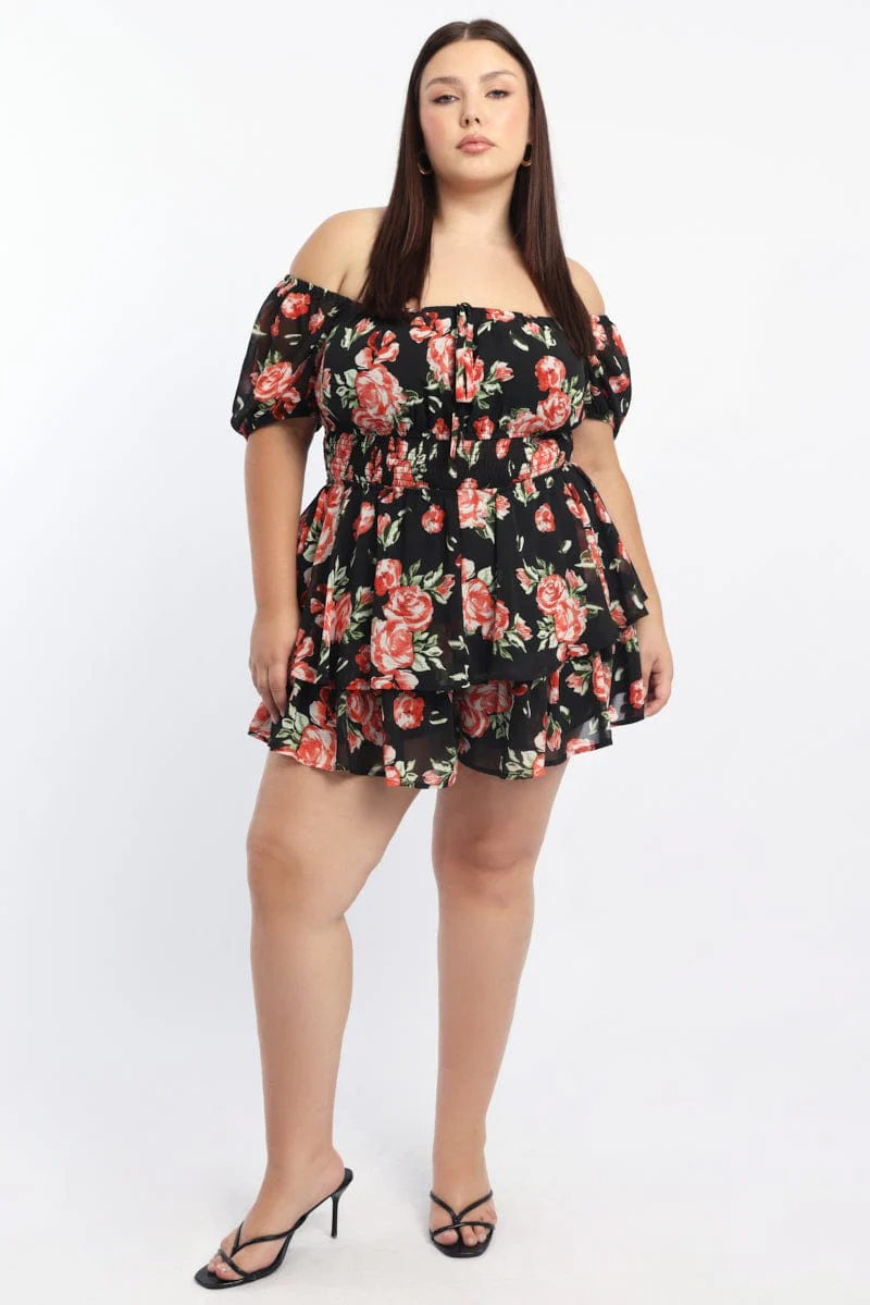 Red Floral Playsuit Short Sleeve Ruched Bust