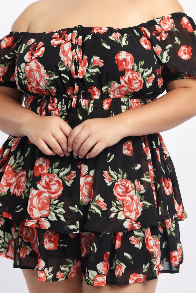 Red Floral Playsuit Short Sleeve Ruched Bust - Image 5