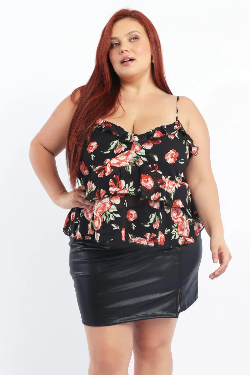 Red Floral Ruffle Cami Top Chiffon