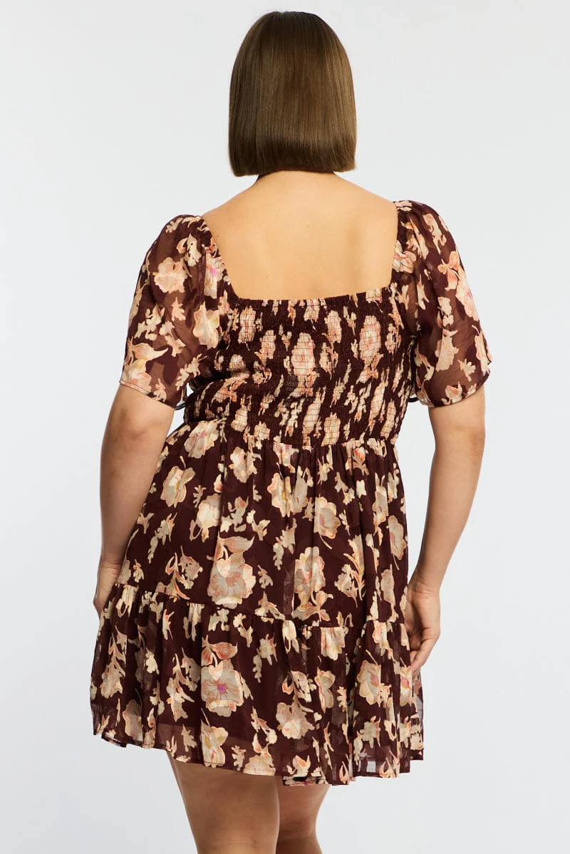 Red Floral Skater Dress Short Sleeve Ruched Bust - Image 5