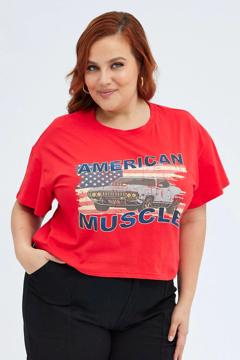 Red Graphic T-shirt American Vintage Crop Cotton - Image 3
