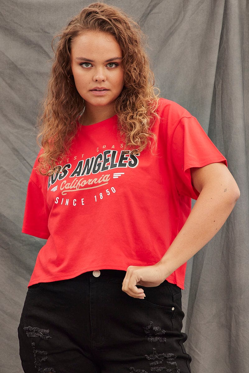 Red Graphic T-shirt Los Angeles Crop Cotton - Image 3