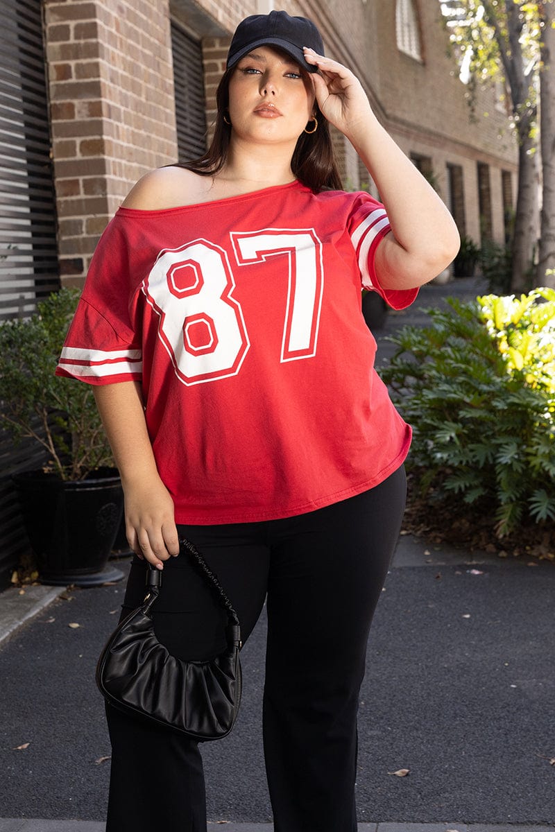Red Graphic T Shirt One Shoulder Short Sleeve