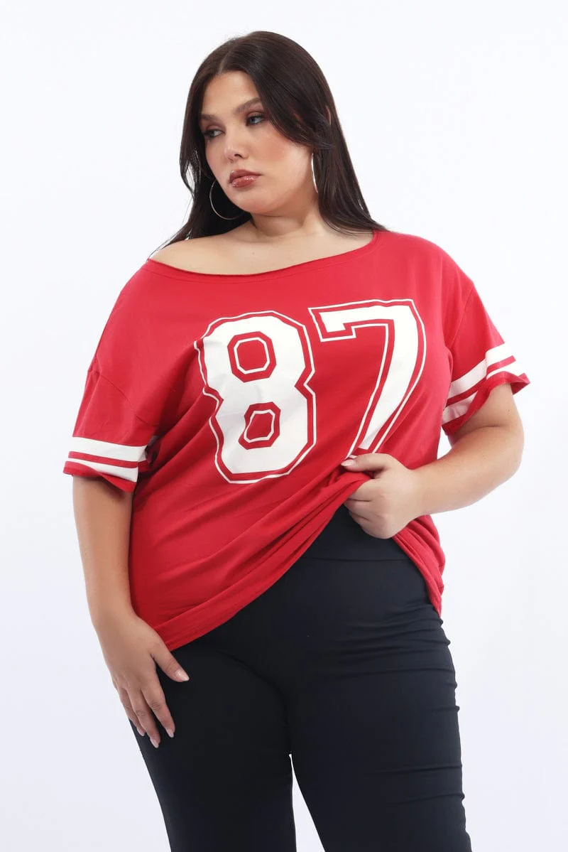 Red Graphic T Shirt One Shoulder Short Sleeve - Image 2