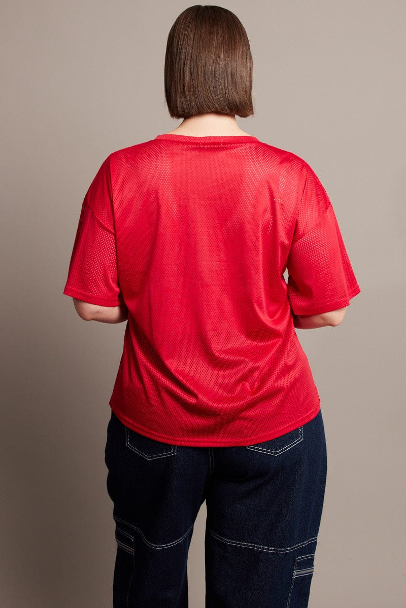 Red Graphic T-shirt Short Sleeve V-Neck Oversized - Image 5