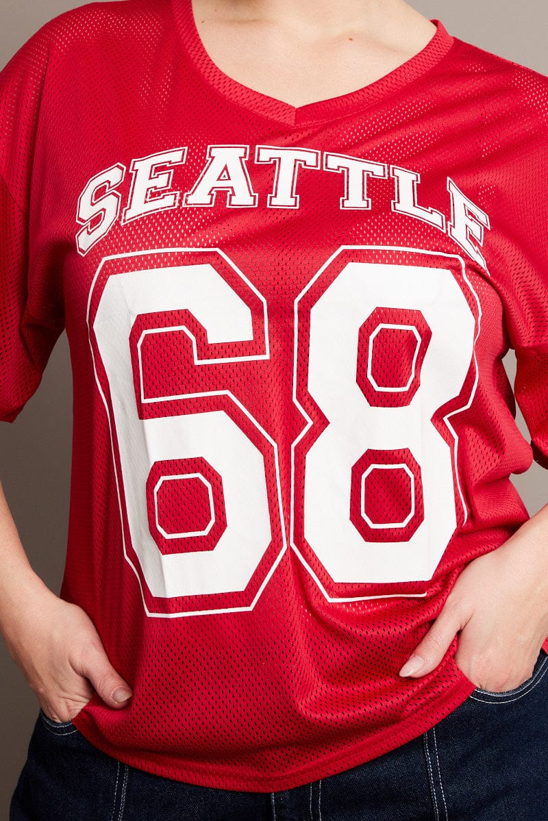 Red Graphic T-shirt Short Sleeve V-Neck Oversized - Image 6