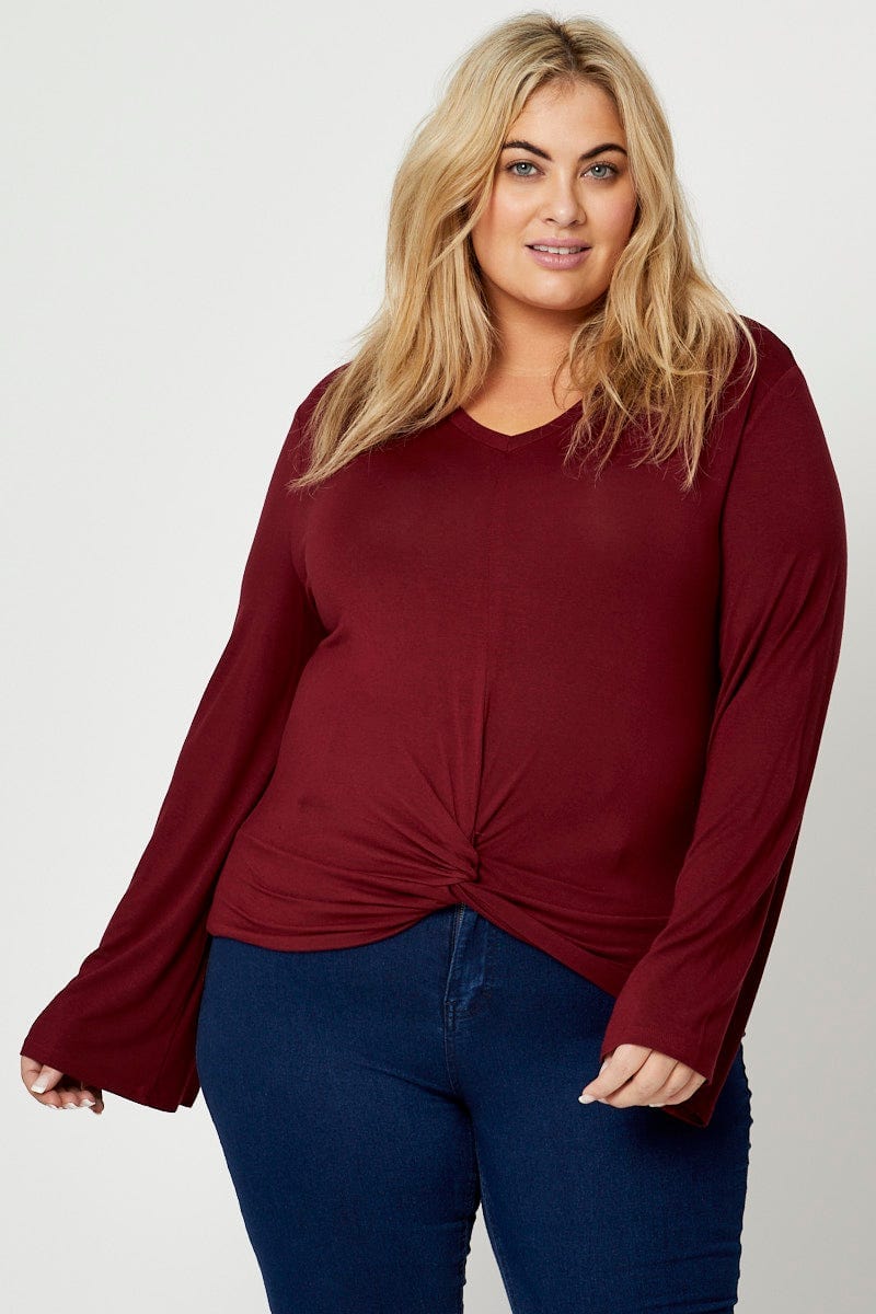 Red Jersey Top Bell Sleeve Twist Front V-neck