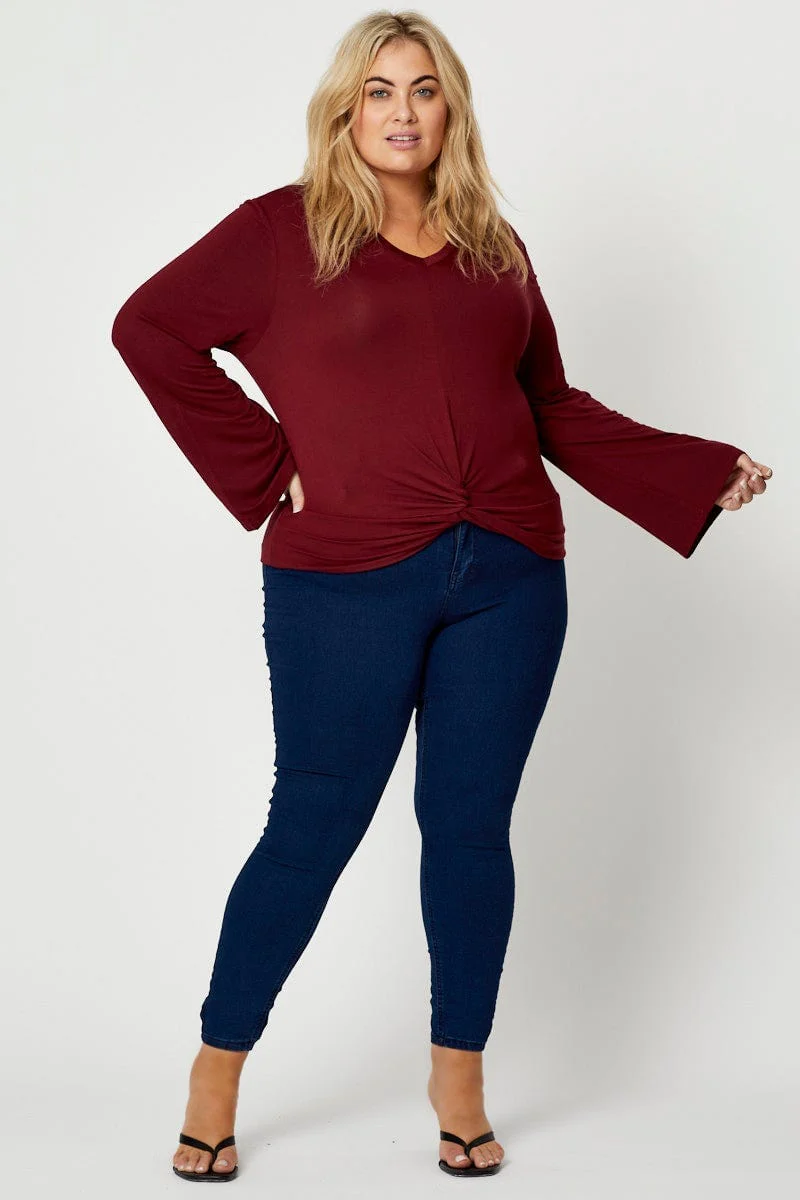 Red Jersey Top Bell Sleeve Twist Front V-neck - Image 2
