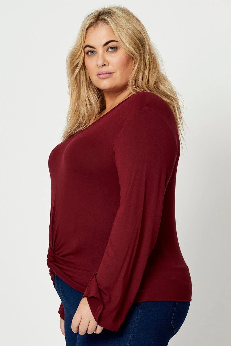 Red Jersey Top Bell Sleeve Twist Front V-neck - Image 3