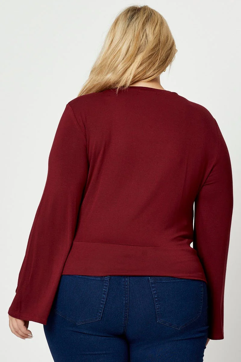 Red Jersey Top Bell Sleeve Twist Front V-neck - Image 4