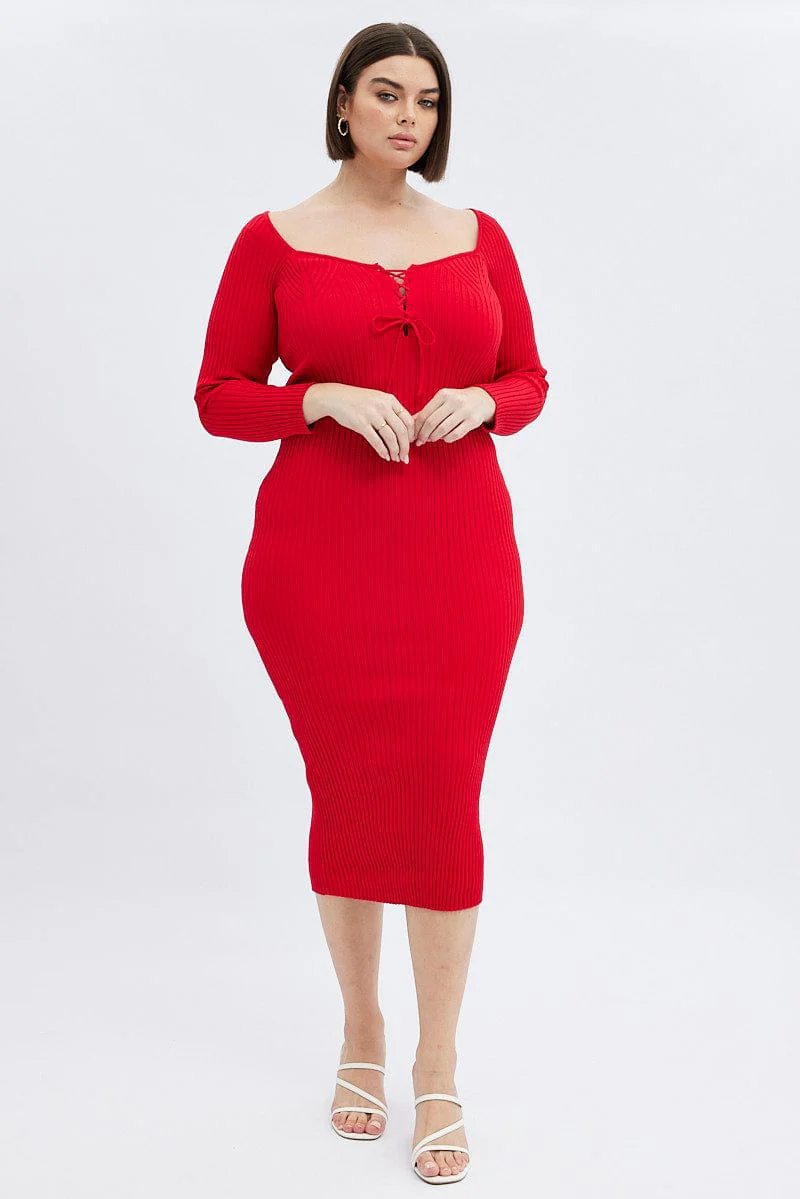 Red Knit Dress Lace Up Front Long Sleeve Rib - Image 3