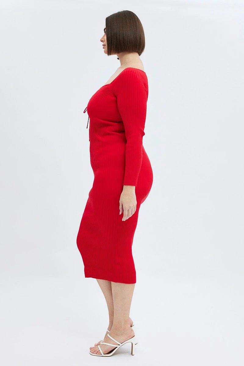 Red Knit Dress Lace Up Front Long Sleeve Rib - Image 4