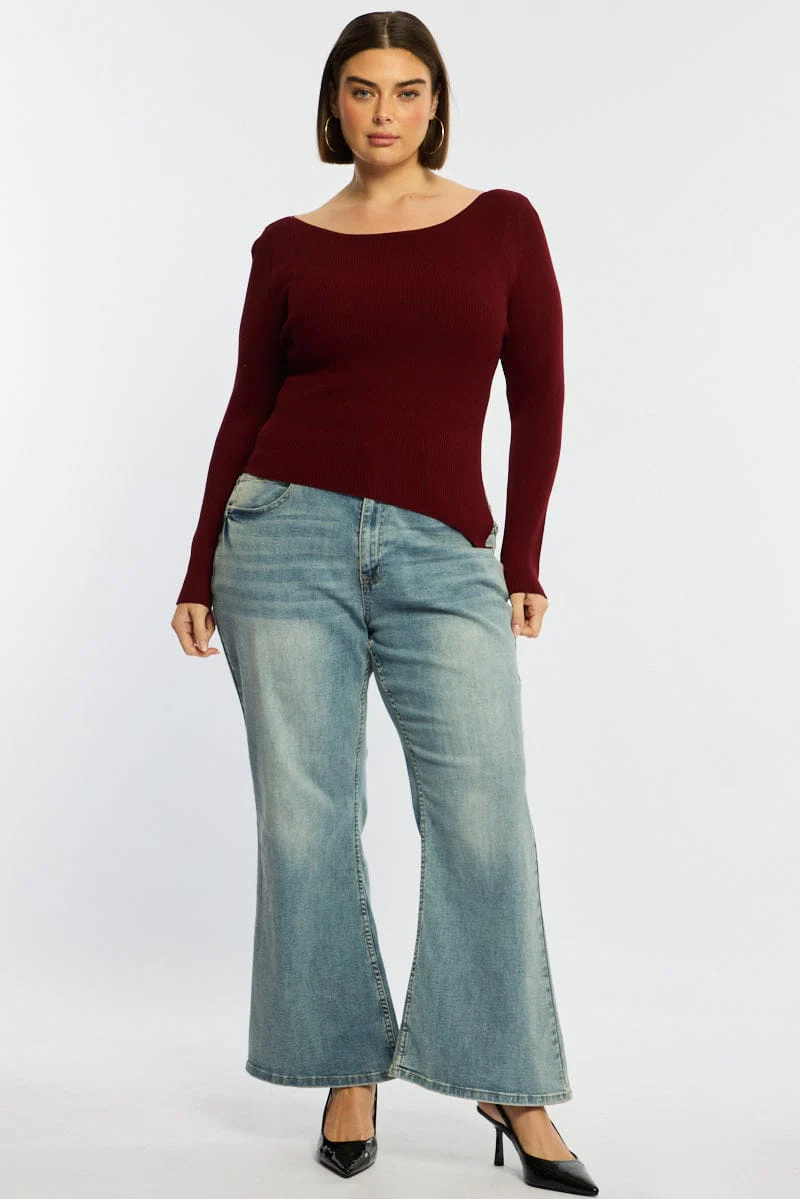 Red Knit Top Long Sleeve Asymmetrical Hem - Image 2