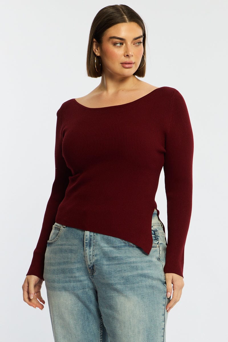 Red Knit Top Long Sleeve Asymmetrical Hem - Image 3