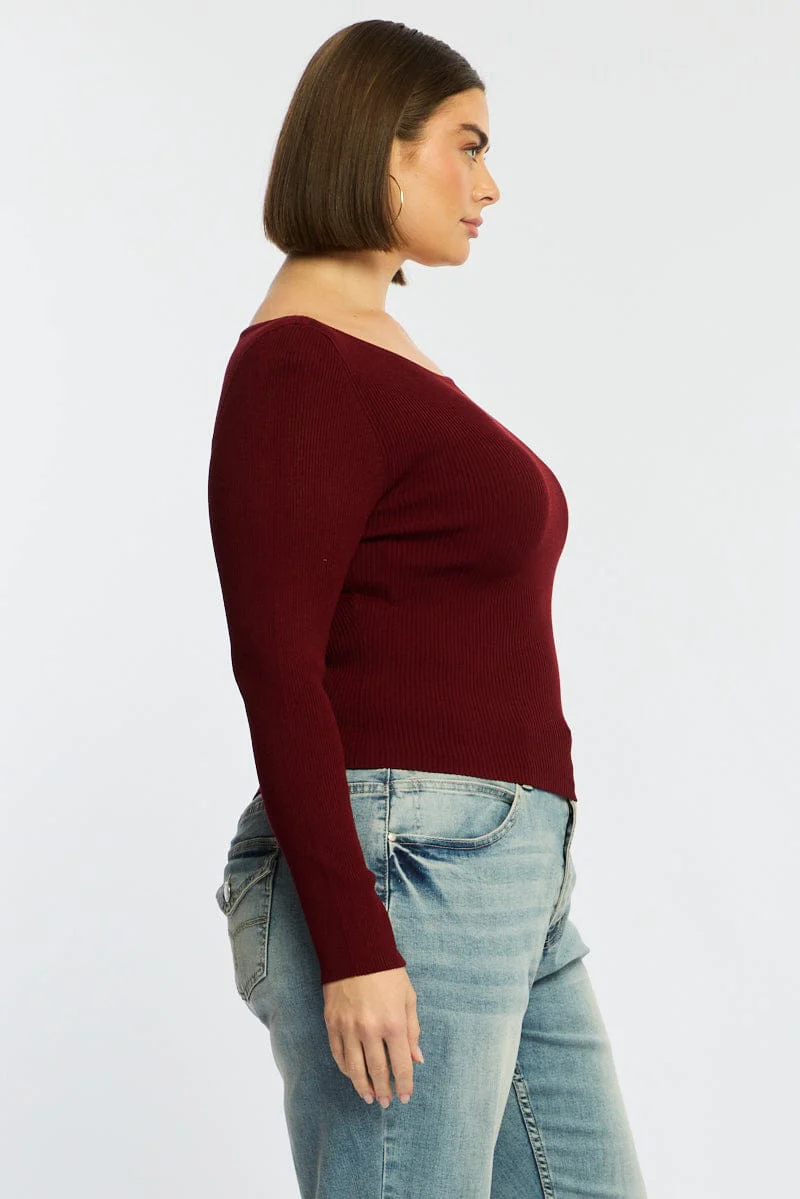 Red Knit Top Long Sleeve Asymmetrical Hem - Image 4