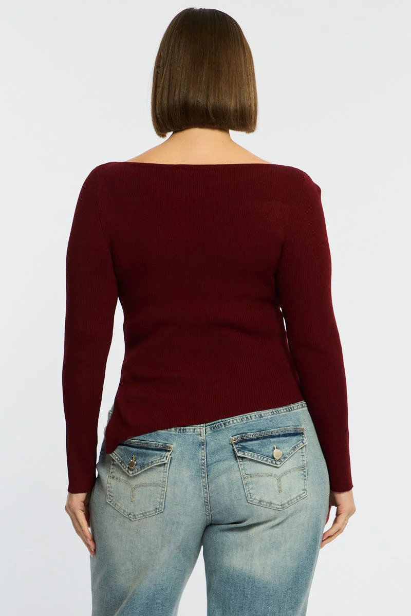 Red Knit Top Long Sleeve Asymmetrical Hem - Image 5