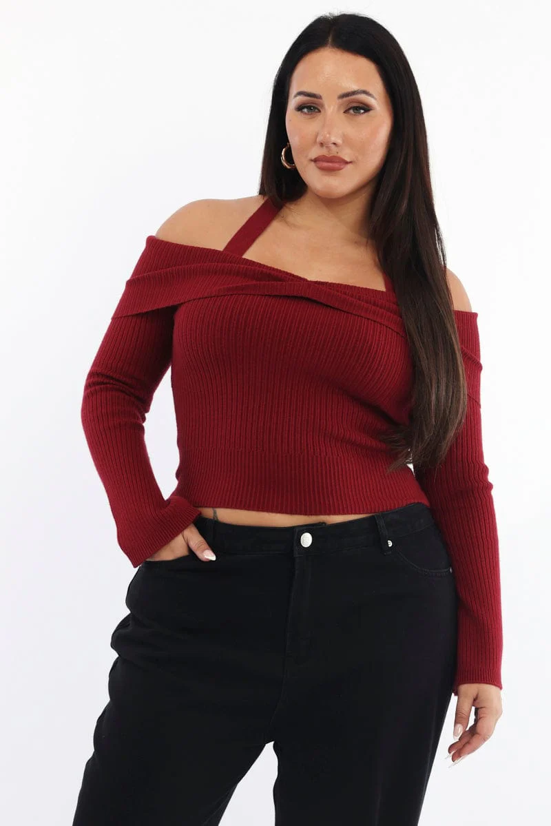 Red Knit Top Long Sleeve Off Shoulder Halter - Image 2
