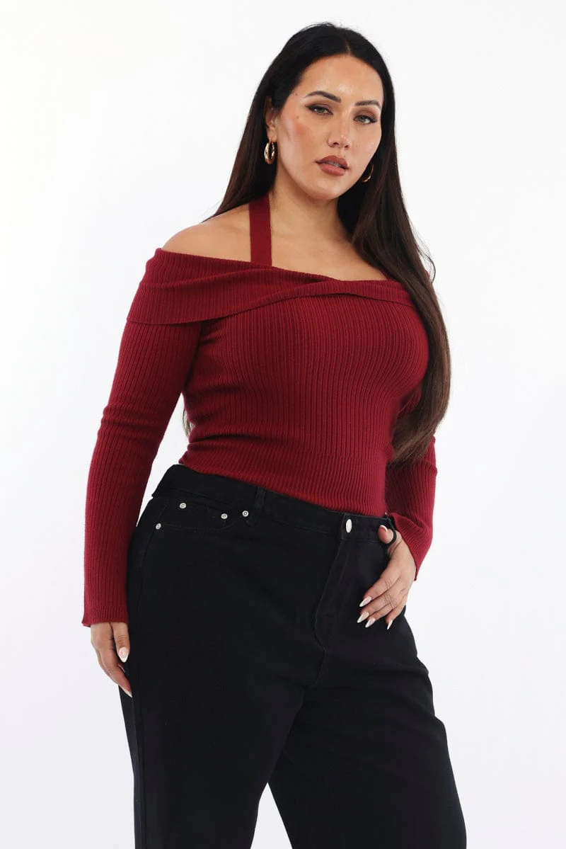 Red Knit Top Long Sleeve Off Shoulder Halter - Image 4