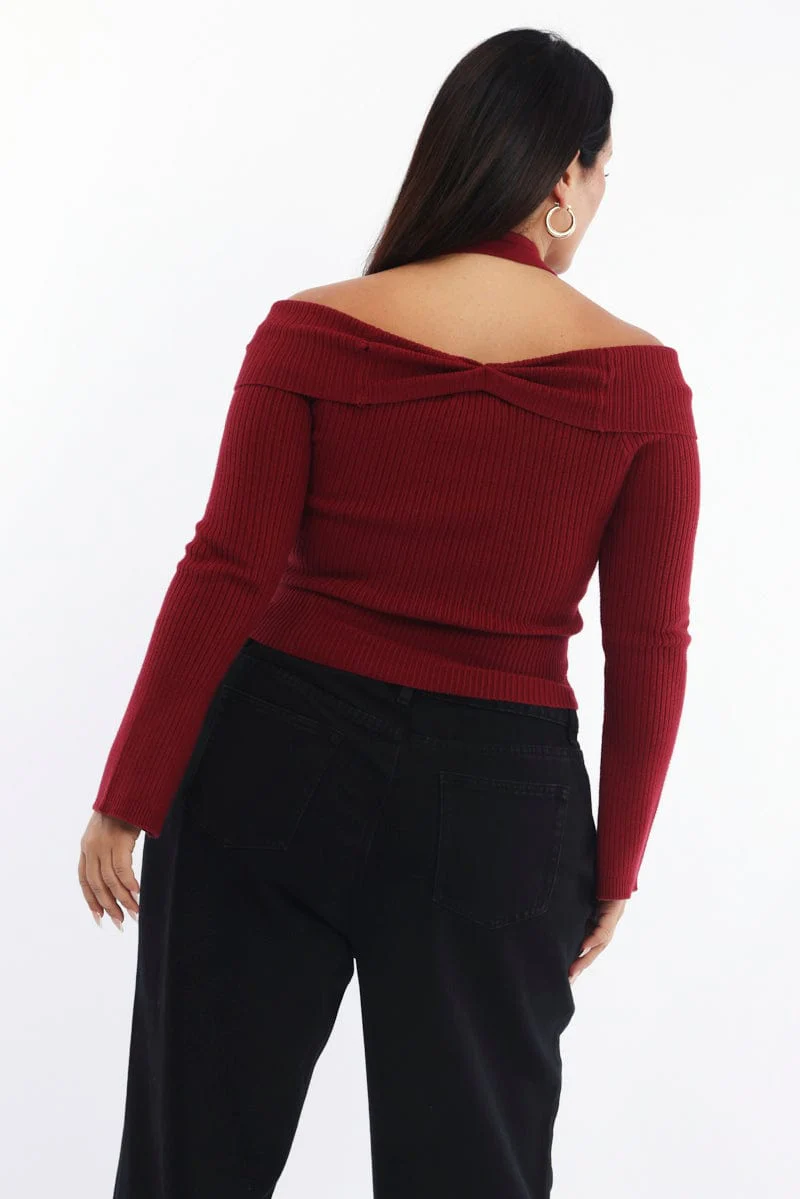 Red Knit Top Long Sleeve Off Shoulder Halter - Image 5