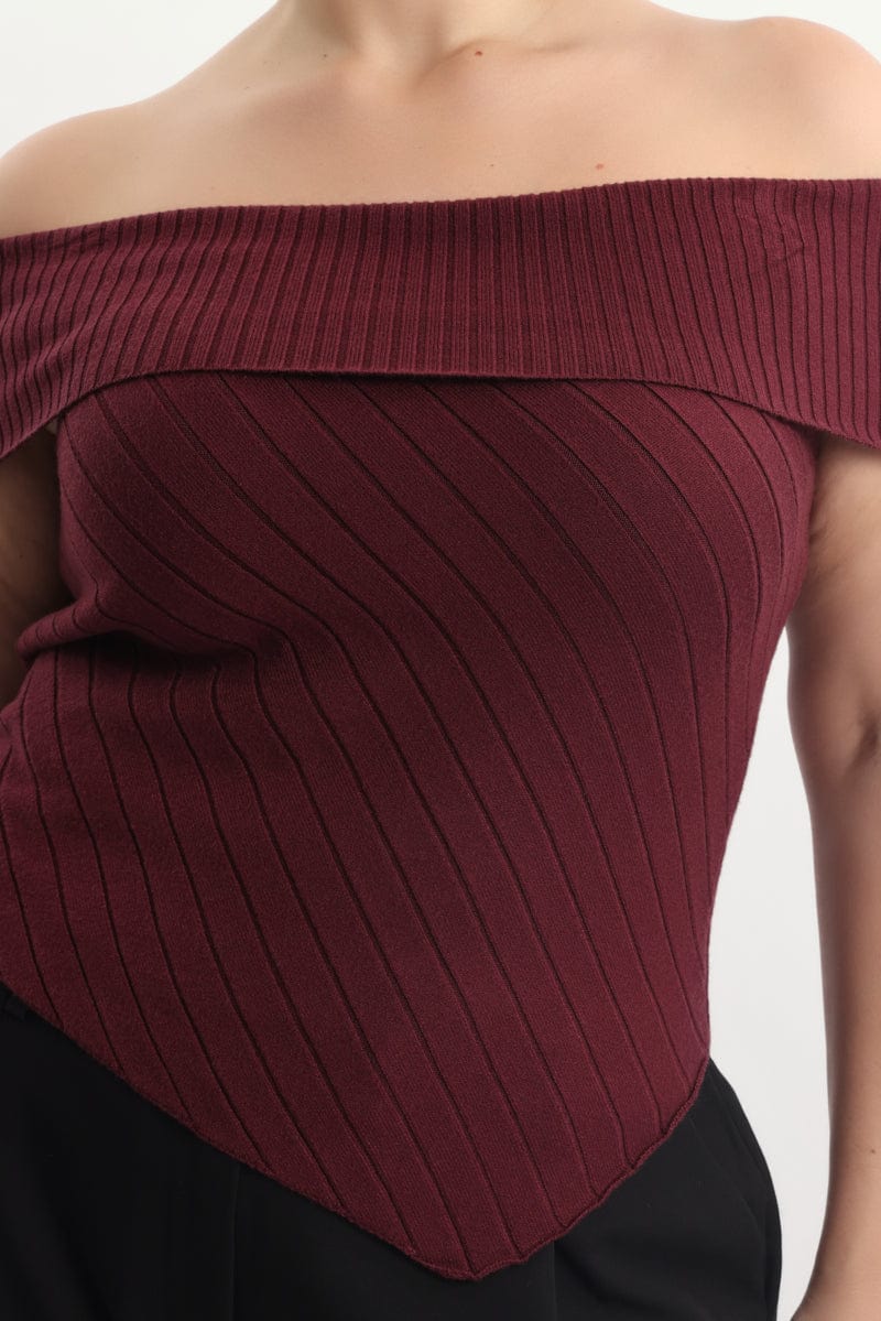 Red Knit Top Off Shoulder Short Sleeve - Image 6