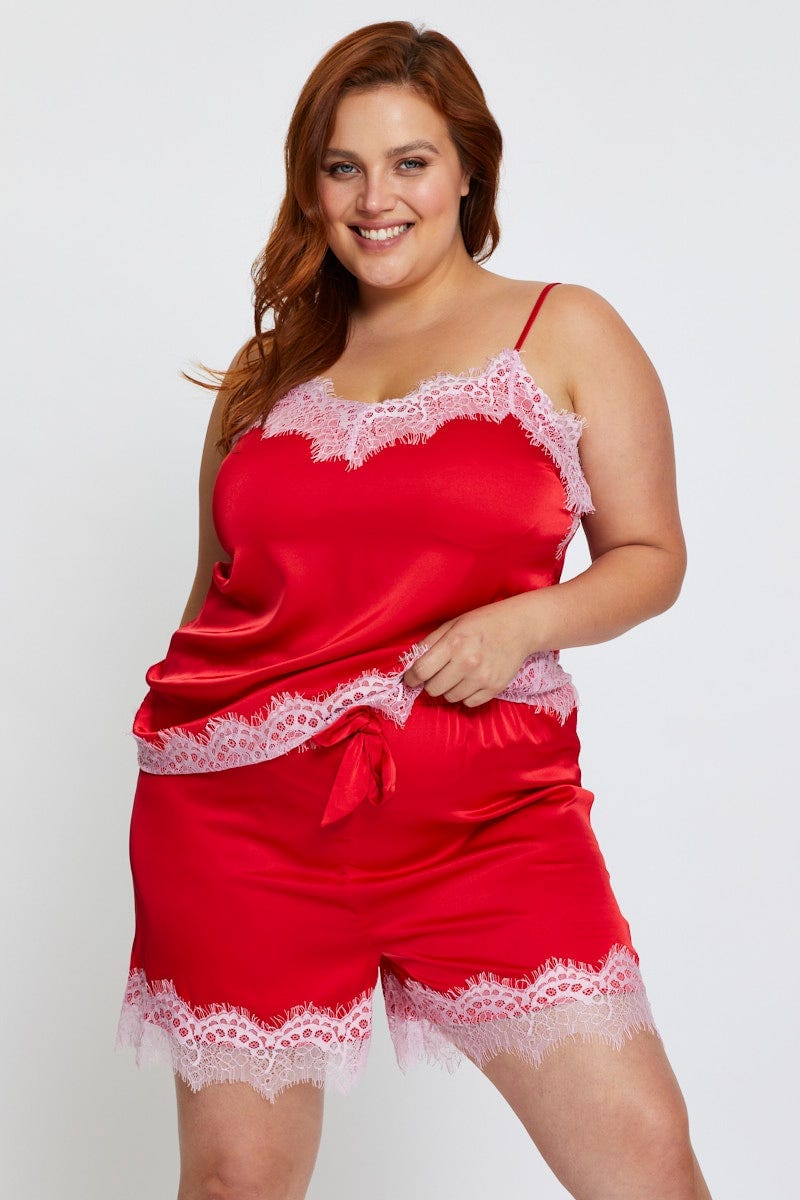 Red Lace Satin Cami Pj Pyjama Set - Image 3