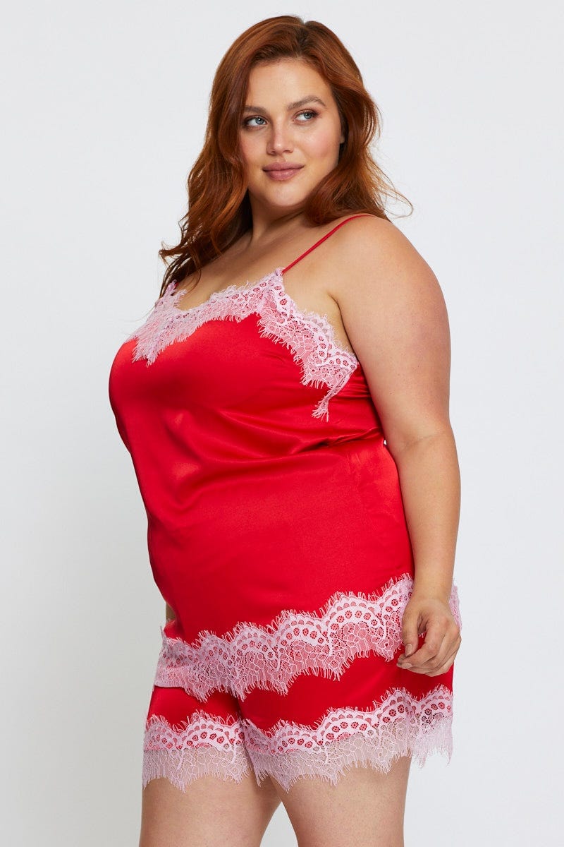 Red Lace Satin Cami Pj Pyjama Set - Image 4