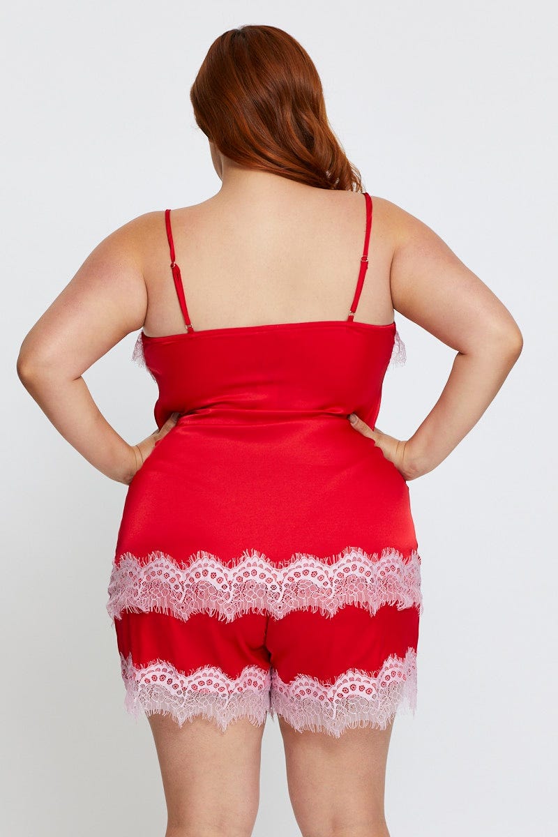 Red Lace Satin Cami Pj Pyjama Set - Image 5