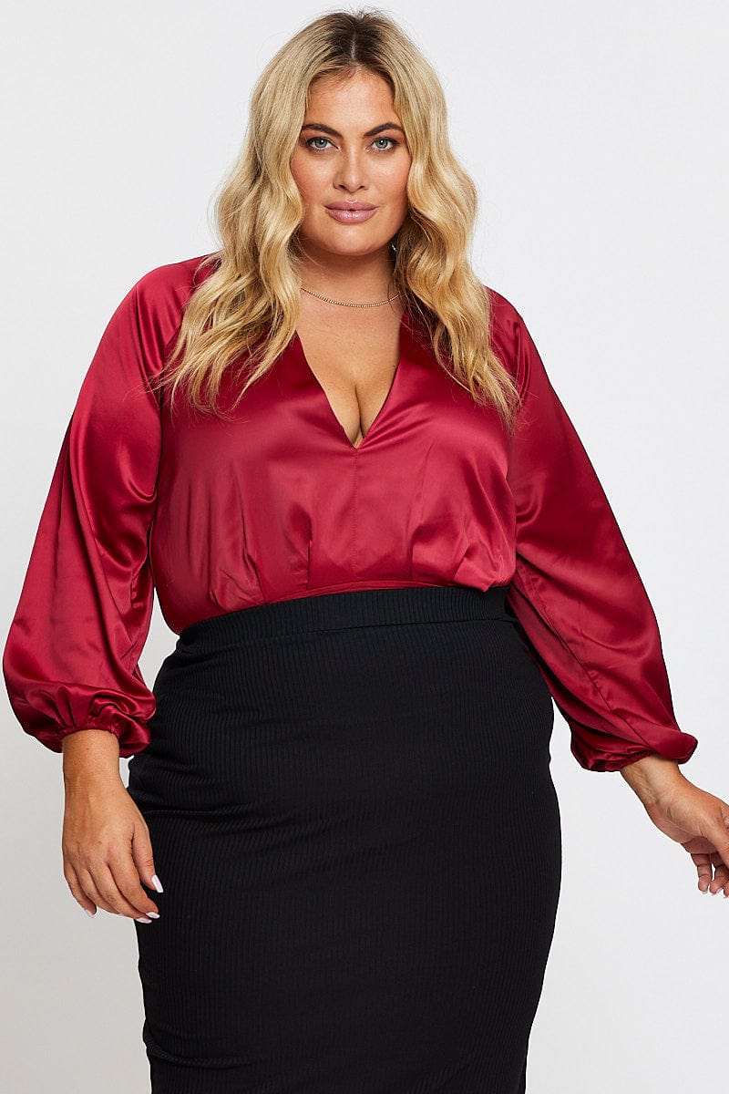 Red Long Sleeve Deep V-neck Bodysuit - Image 3