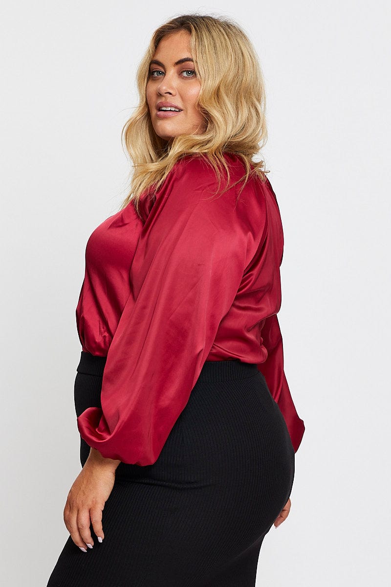 Red Long Sleeve Deep V-neck Bodysuit - Image 4