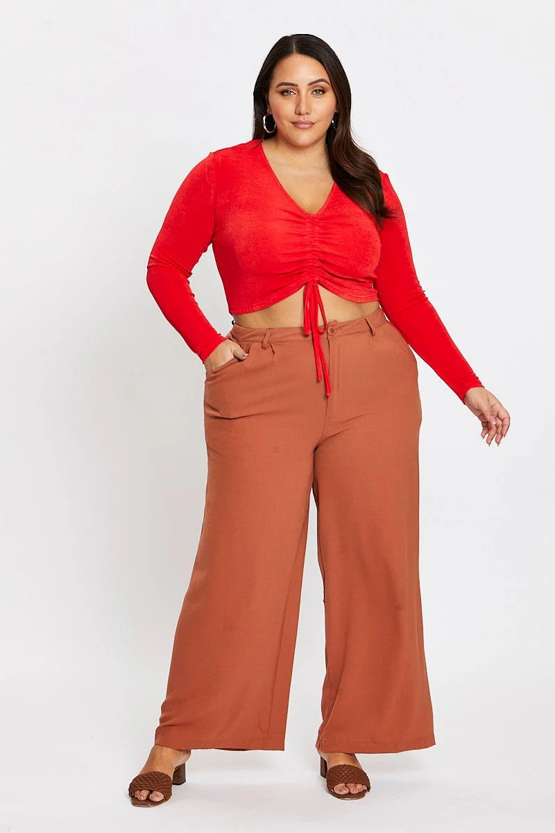 Red Long Sleeve Slinky Jersey Gather Front Top - Image 2
