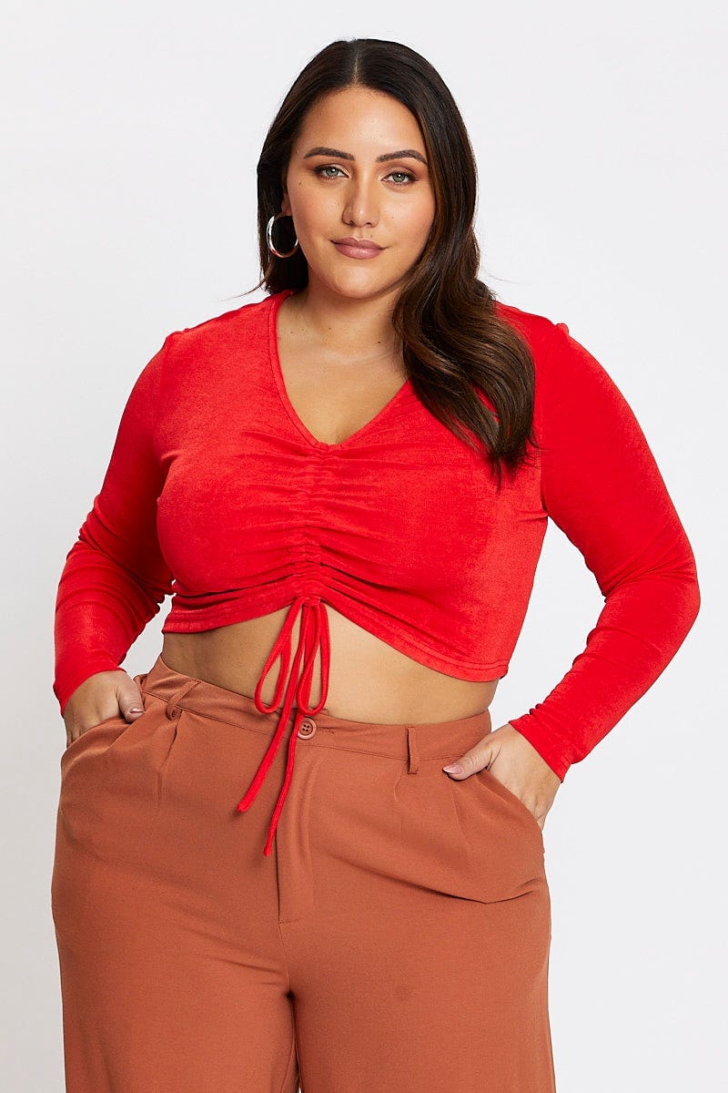 Red Long Sleeve Slinky Jersey Gather Front Top - Image 3