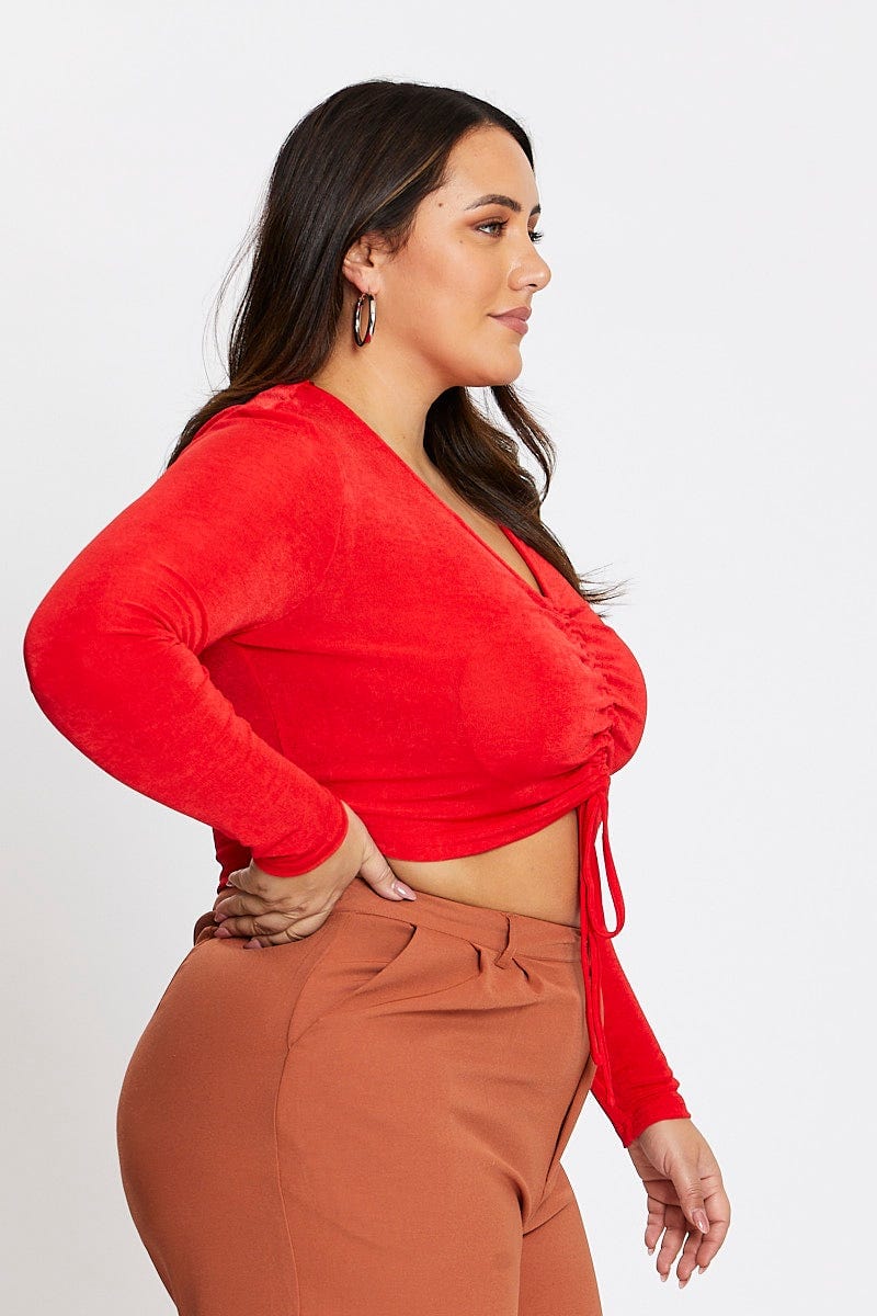 Red Long Sleeve Slinky Jersey Gather Front Top - Image 4