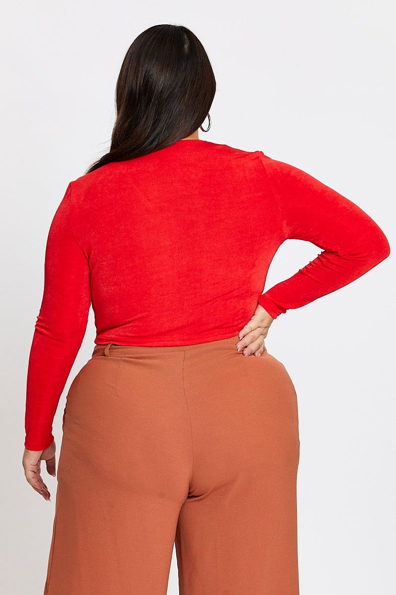 Red Long Sleeve Slinky Jersey Gather Front Top - Image 5