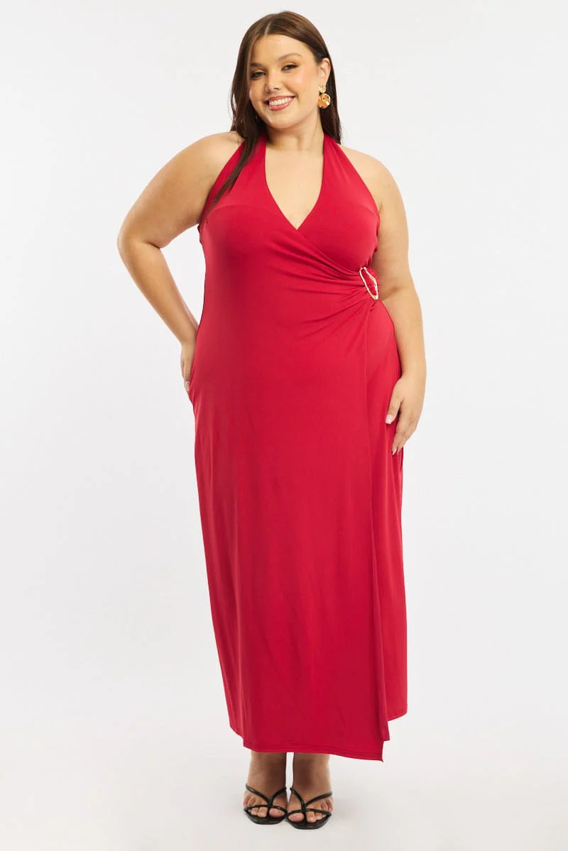 Red Maxi Dress Halter Sleeveless