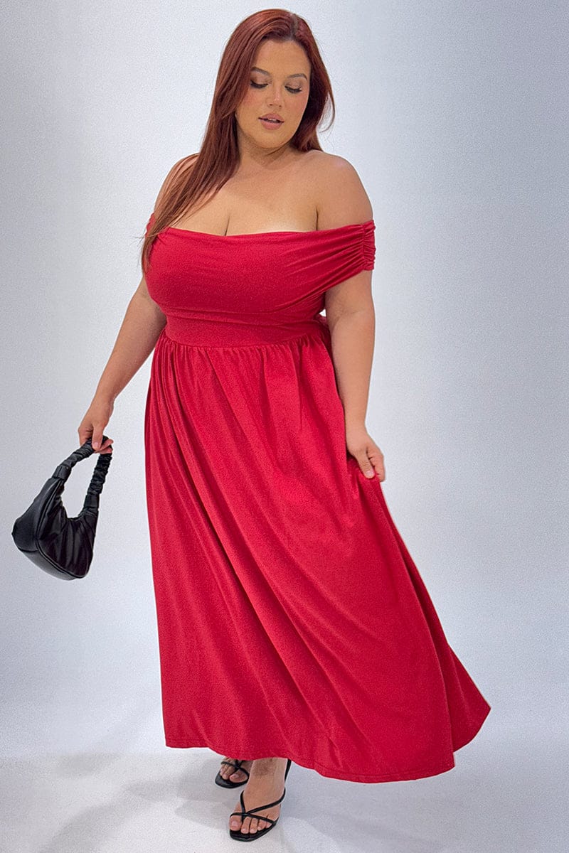 Red Maxi Dress Off Shoulder Jersey