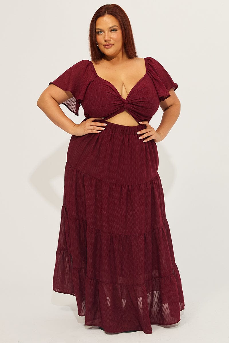 Red Maxi Dress Short Sleeve Cut Out