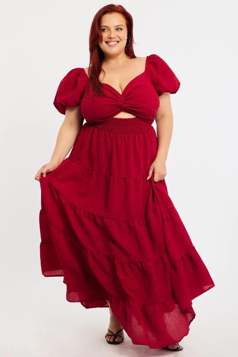 Red Maxi Dress Short Sleeve Cut Out