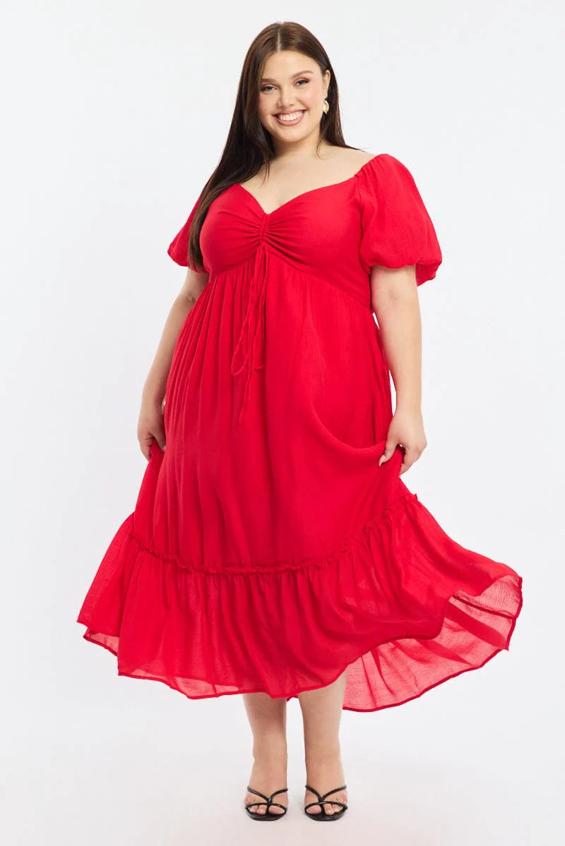Red Maxi Dress Short Sleeve Ruched Bust