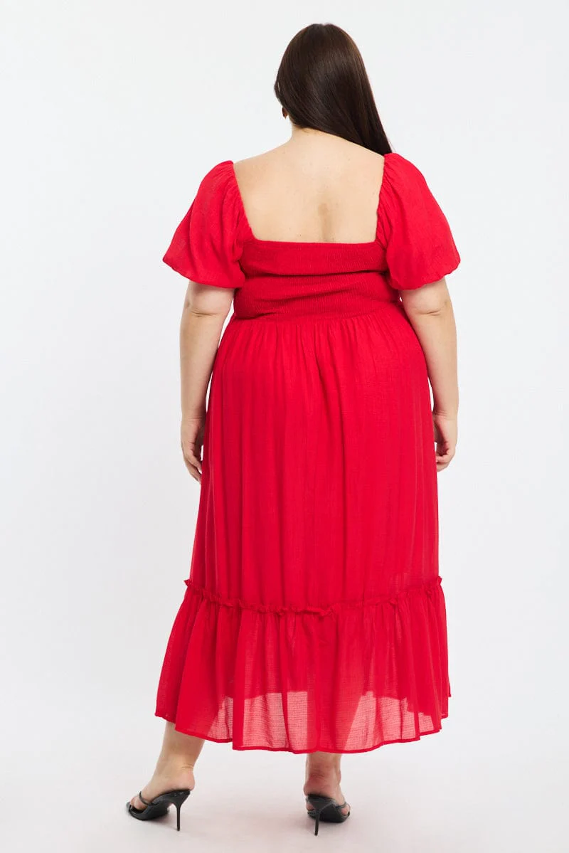 Red Maxi Dress Short Sleeve Ruched Bust - Image 4