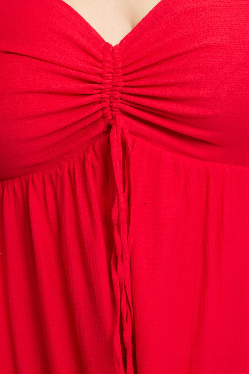 Red Maxi Dress Short Sleeve Ruched Bust - Image 5