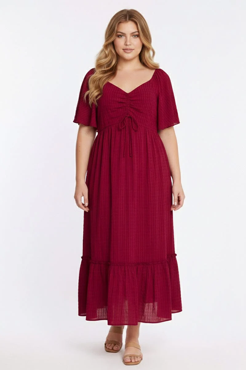 Red Maxi Dress Short Sleeve Ruched Bust Textured
