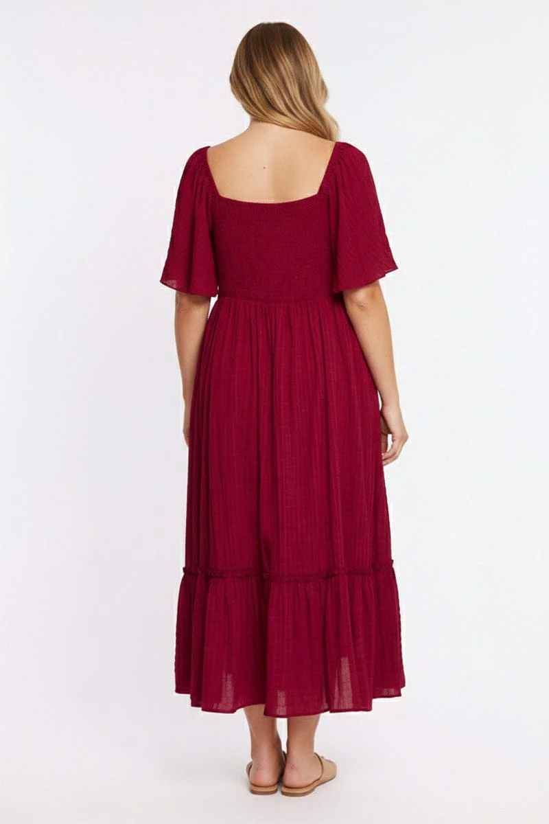 Red Maxi Dress Short Sleeve Ruched Bust Textured - Image 2