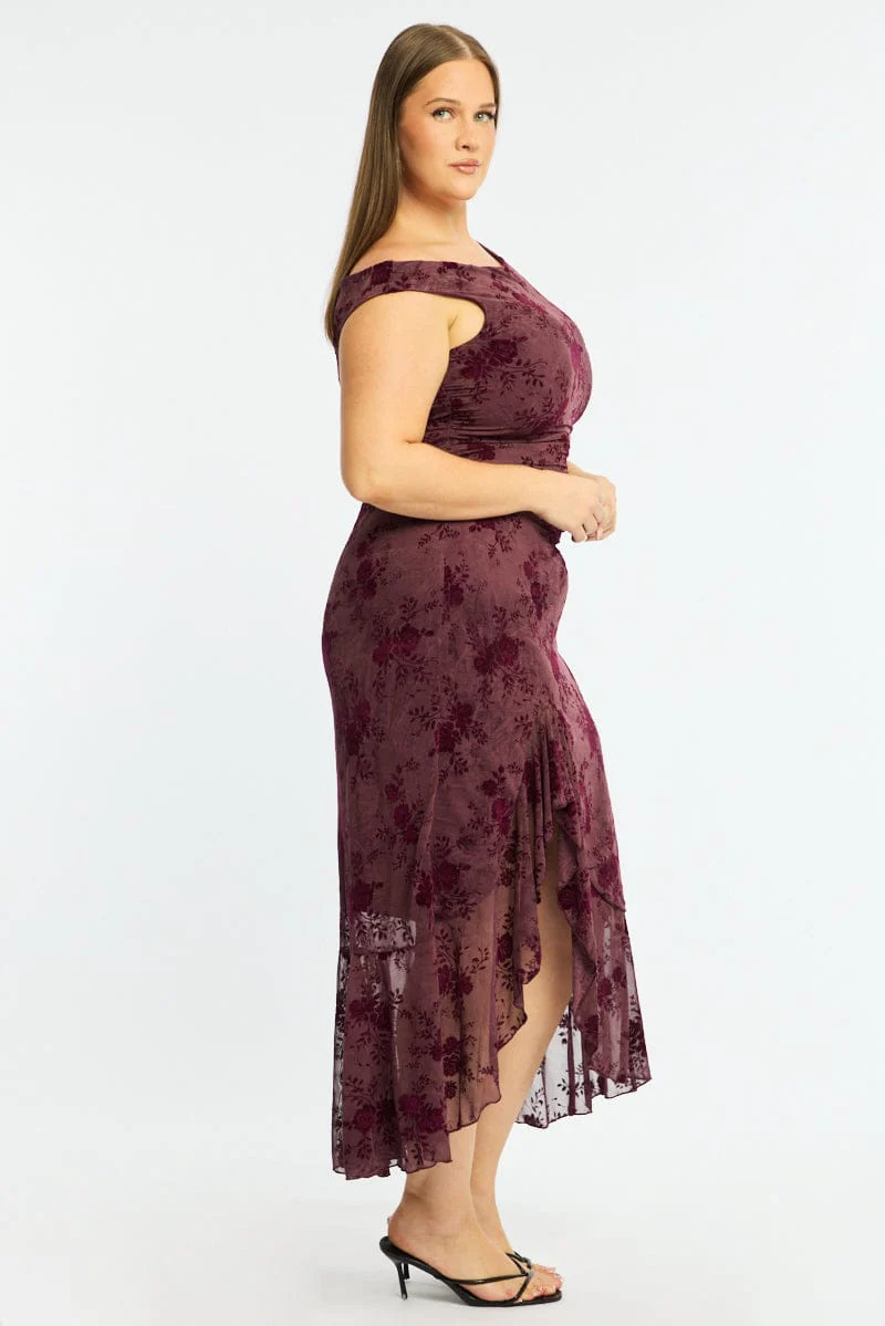 Red Midi Dress Asymmetric Shoulder Mesh Ruffle - Image 3