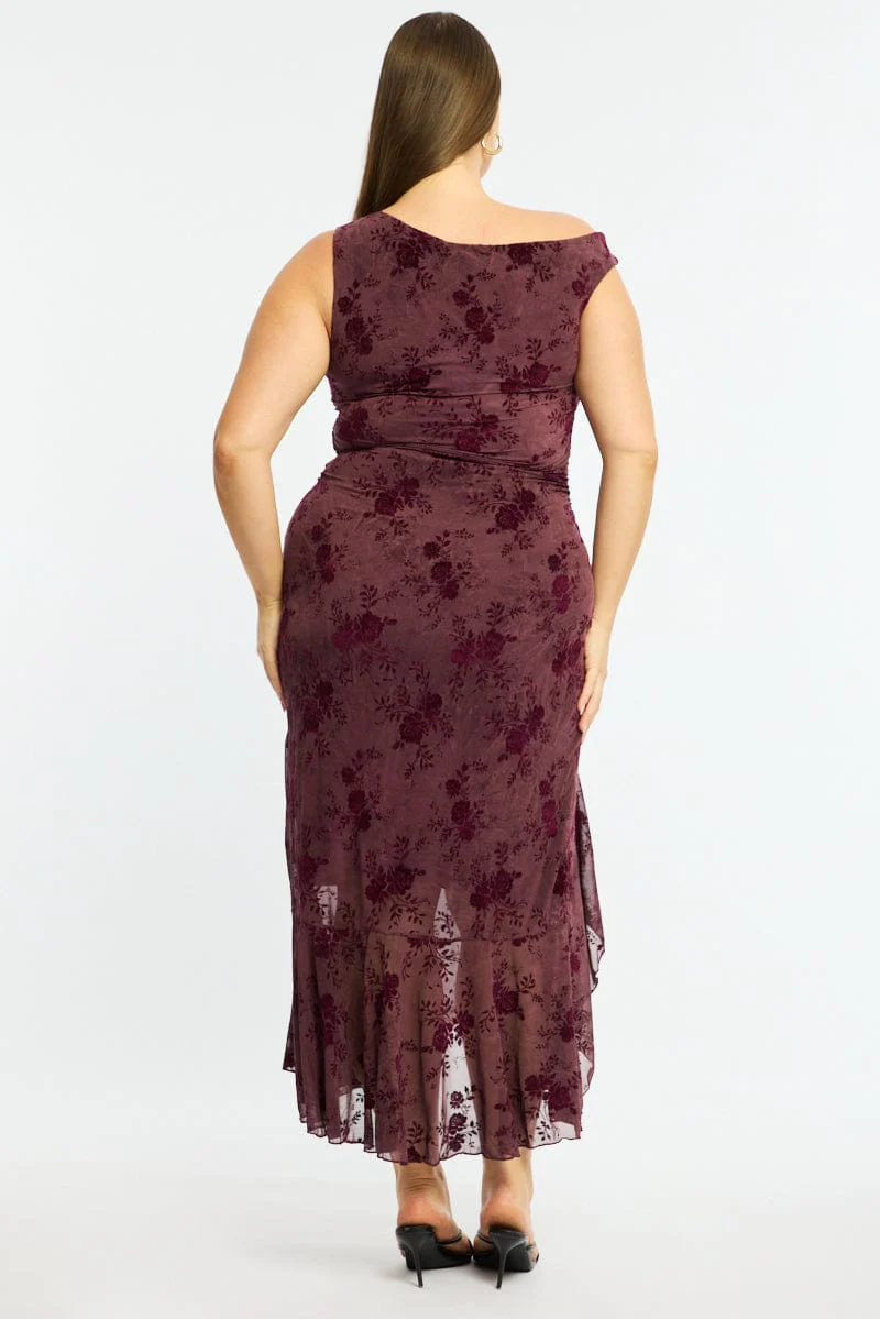 Red Midi Dress Asymmetric Shoulder Mesh Ruffle - Image 4