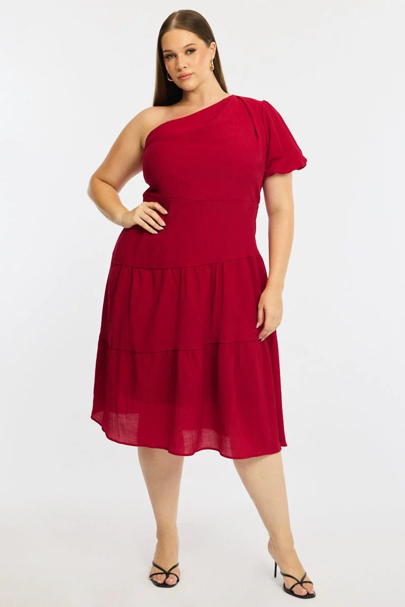 Red Midi Dress One Shoulder