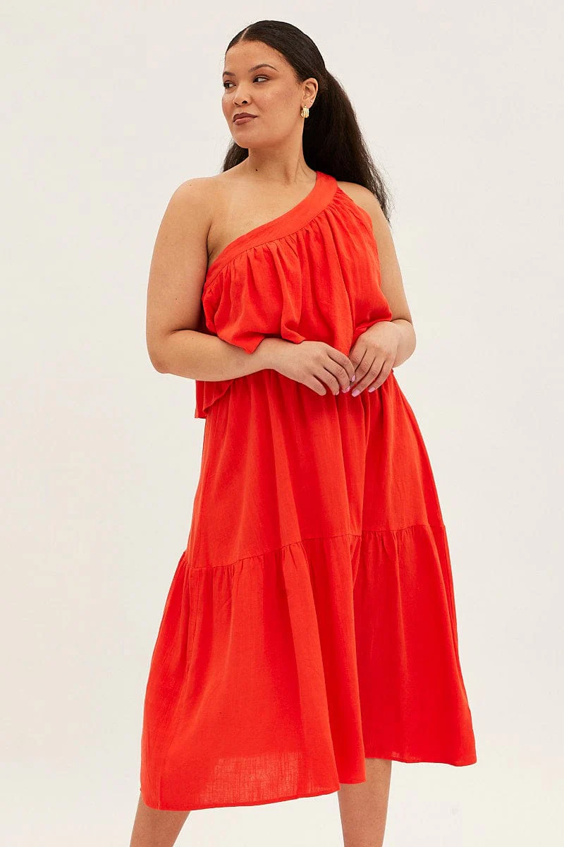 Red Midi Dress One Shoulder Frill Linen Blend - Image 2