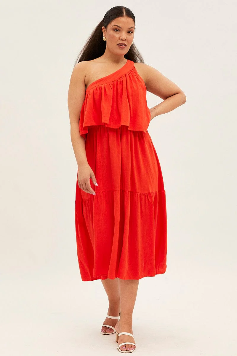 Red Midi Dress One Shoulder Frill Linen Blend - Image 3
